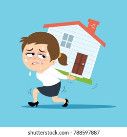 Businesswoman carrying house and money on her shoulders, illustration vector cartoon