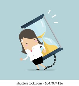 Businesswoman carrying huge sand hourglass on her back. vector