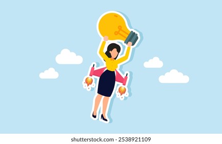 A businesswoman carrying a lamp using a rocket to fly into the sky, illustrating the boost of ideas and innovations to keep the business model relevant to market trends