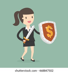 Businesswoman Carrying a Money Shield And Sword. Business Concept Cartoon Illustration.