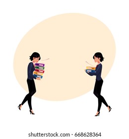 Businesswoman carrying pile of document folders, normal and heavy workload concept, cartoon vector illustration with space for text. Businesswoman with folders of documents, workload concept