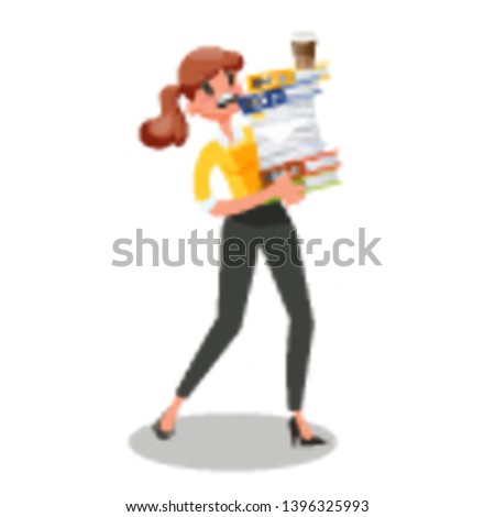 Businesswoman carrying pile of documents. Busy female character. Many paperwork. Office worker. Vector illustration in cartoon style