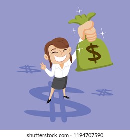 Businesswoman carrying sack with dollar sign, illustration vector cartoon
