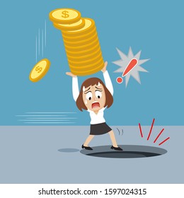 Businesswoman carrying stack of money is about to fall in hole, illustration vector cartoon

