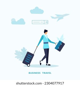 businesswoman carrying suitcase rushing to board plane.concept of business travel or tourism.work in trip.vector illustration for banner or poster