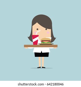 Businesswoman carrying a tray of food. vector
