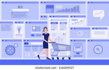 Businesswoman With Cart Buys A Business Tools. Online Shopping Interfaces Background.