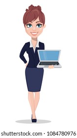 Businesswoman cartoon character. Beautiful business woman in office style clothes holding laptop. Vector illustration on white background