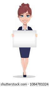 Businesswoman cartoon character. Beautiful business woman in office style clothes holding blank placard. Vector illustration on white background