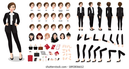 Businesswoman cartoon character in black suit creation set with various views, hairstyles, face emotions, lip sync and poses. Parts of body template for design work and animation