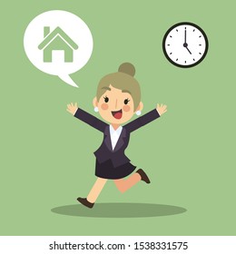 Businesswoman cartoon character concept ,Businesswoman is very happy to going back home when 5 pm. 