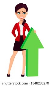 Businesswoman cartoon character. Confident young manager. Beautiful business woman standing with big green arrow. Vector illustration.