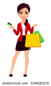 Businesswoman cartoon character. Confident young manager. Beautiful business woman holding credit card and shopping bags. Vector illustration.