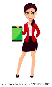 Businesswoman cartoon character. Confident young manager. Beautiful business woman holding tablet. Vector illustration.