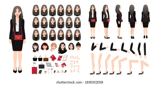 Businesswoman cartoon character creation set with various views, hairstyles, face emotions, lip sync and poses. Parts of body template for design work and animation.