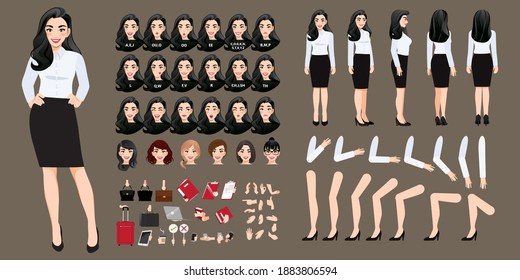 Businesswoman cartoon character creation set with various views, hairstyles, face emotions, lip sync and poses. Parts of body template for design work and animation.