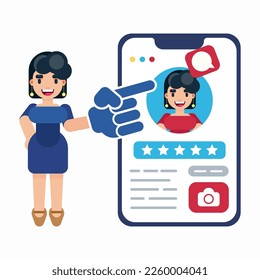 Businesswoman cartoon character creation set with views hairstyle with phone shows social media
