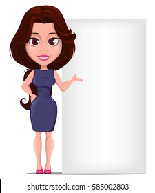 Businesswoman cartoon character for design, animation. Modern beautiful business woman in dark purple dress. Cute office manager with fashionable hairstyle showing on big blank board. Vector.