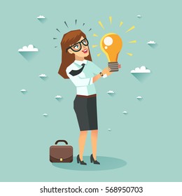 Businesswoman cartoon character has an idea for startup and holding Eureka lamp. Selling startup ideas. Colorful vector illustration in flat style