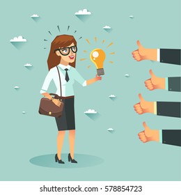 Businesswoman cartoon character has an idea for startup and holding Eureka lamp. Selling startup ideas. Colorful vector illustration in flat style