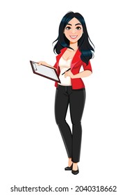 Businesswoman cartoon character holding clipboard