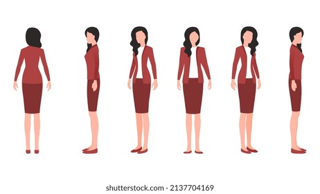 businesswoman cartoon character illustration, vector illustration of female character in formal clothes from different angles.