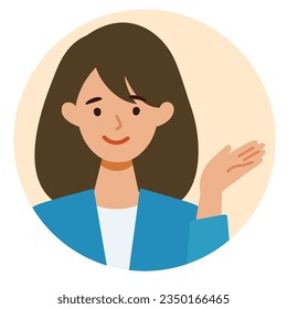 BusinessWoman cartoon character. People face profiles avatars and icons. Close up image of pointing Woman. Vector flat illustration.