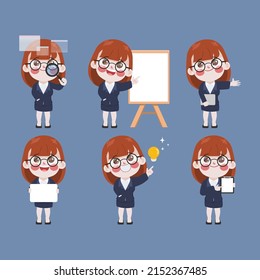 Businesswoman cartoon character pose with job doing collection pose set vector design.