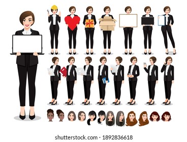 Businesswoman Cartoon Character Pose Set. Beautiful Business Woman In Office Style Black Suit. Vector Illustration 