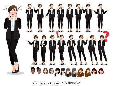 Businesswoman Cartoon Character Pose Set. Beautiful Business Woman In Office Style Black Suit. Vector Illustration 