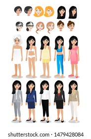 Businesswoman cartoon character set. Beautiful business woman in her life style clothes for activity. Vector illustration