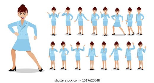 Businesswoman cartoon character set. Beautiful business woman in blue color suit on white background. Vector illustration