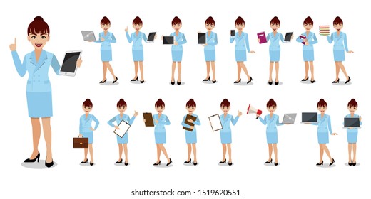 Businesswoman cartoon character set. Beautiful business woman in blue color suit on white background. Vector illustration