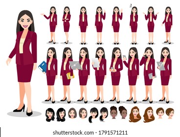 Businesswoman cartoon character set. Beautiful business woman in office style smart suit . Vector illustration