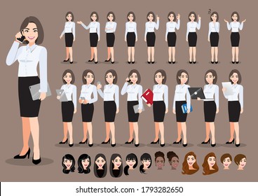 Businesswoman cartoon character set. Beautiful business woman in office style smart shirt . Vector illustration 