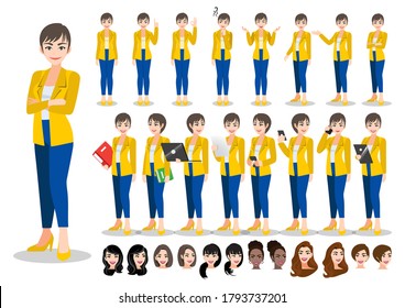 Businesswoman cartoon character set. Beautiful business woman in office style smart suit . Vector illustration