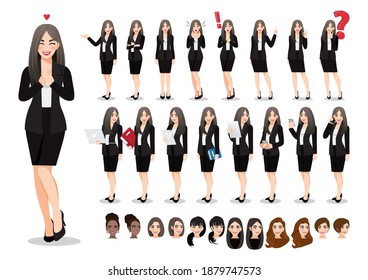 Businesswoman cartoon character set. Beautiful business woman in office style black suit. Vector illustration 