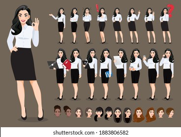 Businesswoman cartoon character set. Beautiful business woman in office style white shirt. Vector illustration.