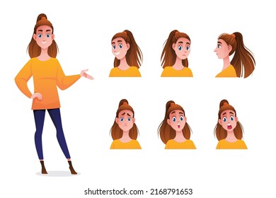 Businesswoman cartoon character set. Beautiful business woman in office style smart suit and casual.