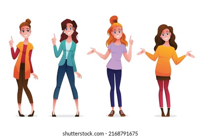 Juego de personajes de dibujos animados para mujeres de negocios. Hermosa mujer de negocios con estilo de oficina traje inteligente e informal.