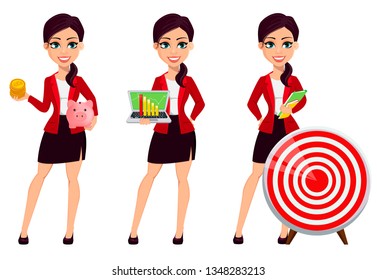 Businesswoman cartoon character, set of three poses. Confident young manager holding bitcoins and piggy bank, holding laptop and standing near target. Vector illustration.