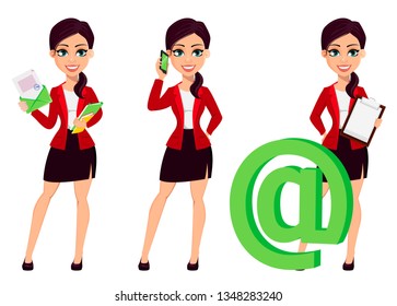 Businesswoman cartoon character, set of three poses. Confident young manager holding envelope, holding smartphone and standing near email address symbol. Vector illustration.