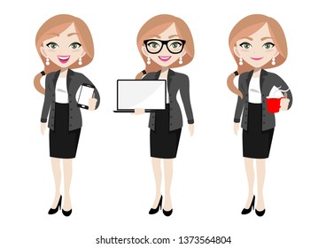 Businesswoman cartoon character, set of three poses. Beautiful business woman in office style clothes holding mobilephone, laptop and holding coffee cub. Vector illustration