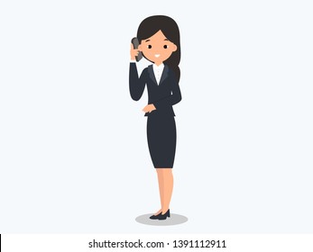 Businesswoman cartoon character, set of three poses. Beautiful business woman in office style clothes holding smart phone