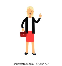 Businesswoman cartoon character standing with briefcase, talking and showing hand gesture with a raised index finger vector Illustration
