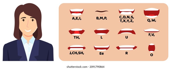 Businesswoman cartoon character talking mouth and lips expressions vector animations poses mouth talk animation movement practice English say disassembled separated letter illustration