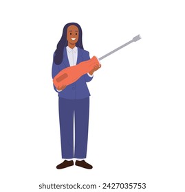Businesswoman cartoon character wearing formal suit carrying giant screwdriver vector illustration