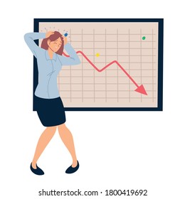 Businesswoman cartoon with headache and decrease arrow on board design, business and management theme Vector illustration