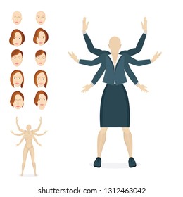 Businesswoman cartoon style character with six hands and different faces.
Many armed cartoon style woman illustration constructor.
Female multitasking concept illustration.