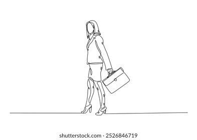 Businesswoman caryying briefacase in continuous one line drawing. Simple line art illustration of businesswoman with briefacase. Editable vector.